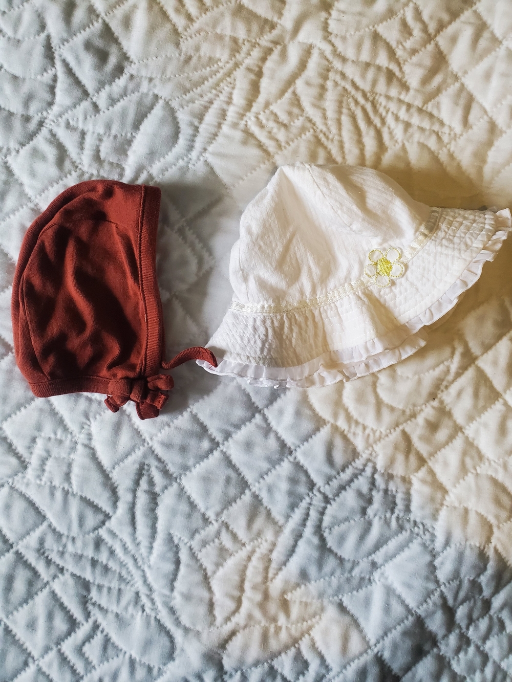 Carter's White Ruffle Sun Hat with Yellow Flower & Rust Knit Bonnet